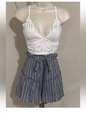 Blue Striped Paperback Mini Skirt Women High Waist Bow Tie Front Trendy Size M